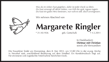 Traueranzeige von Margarete Ringler von Pegnitz-Zeitung